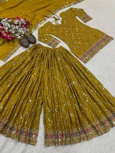 Nouveau designer indien et pakistanais fête porter haut Sharara Plazzo Dupatta-lourd Chinon soie réversible moderne élégant élégant lancement - Product Image 3