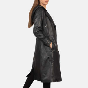 Fixon Casual Black Trench <b>Coat</b> Hood Waterproof PU Leather Double Breasted Closure Long Length Denim Knitted Fabric Cotton Filled - Product Image 2