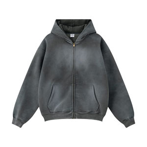 100% sudaderas con capucha recortadas de lana de algodón para hombres Sun Faded Drop Shoulder Distressed Acid Washed Zipper Closure Plus Size Winter - Product Image 1