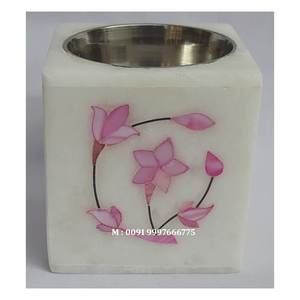 Brûleur à Bakhoor en marbre blanc le plus attrayant, incrusté de nacre rose, forme carrée, motif floral, utilisé pour Thanksgiving - Product Image 1