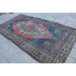 พรมวินเทจตุรกีขนาดใหญ่ 5.2x10.1 ฟุต สีแดงน้ำเงินลายดอกไม้ ทำจากขนสัตว์ - Product Image 2