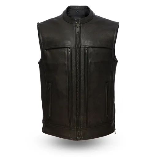 Motorcycle Leather Vest Men's and Womens Lapel Oblique Zipper Waist Drawstring Black Cow Skin Vests