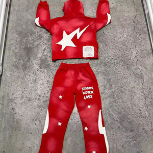 Custom Applique bordado Patchwork Logo Jogging 2 piezas Set Sudaderas con capucha desgastadas Chándales para hombres - Product Image 4