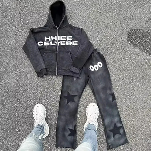 Conjunto de chándal con capucha y pantalones de chándal desgastados lavado con ácido, conjunto de chándal con cremallera y Sudadera con capucha, fabricante de ropa OEM - Product Image 1