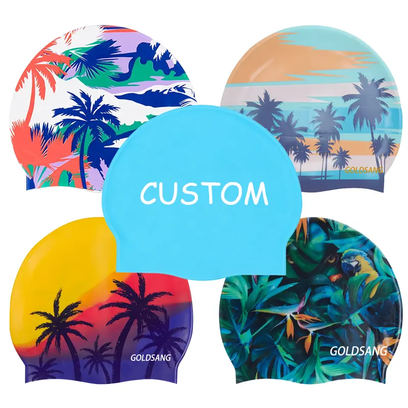 Custom Logo Palm Tree Printed Silicone Swim Hats Design 30g Silicone Swim Cap Waterproof High Elasticity Adult Swim Caps