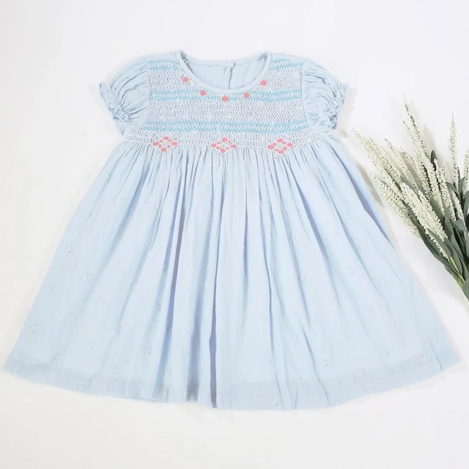 Children's Clothing Girl's Clothing Girls Dresses Wholesale Girl Smocked Dress For Kids 1-8 years Blue Short 100% Cotton