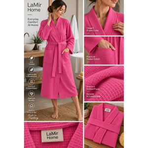 Bata de Baño Unisex de Algodón 100% con Tejido Interlock Piqué y Waffle, para Hotel y Spa, con Logotipo Personalizado, Proveedor OEM, Hecho en Turquía - Color Rosa - Product Image 5
