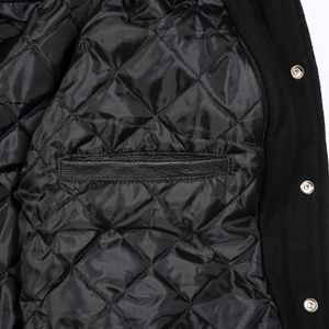 100% Wool Black Varsity <b>Jacket</b> With Red Leather Sleeves Button Closure Stand Collar Women's Autumn Coat - Product Image 6