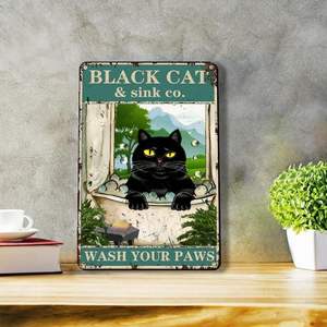 Drôle de salle de bain Métal <span class=keywords><strong>Aluminium</strong></span> Vintage Chat Noir Art Signe Mural Slogan 'Wash Your Paws' Convient pour Ferme, Maison, <span class=keywords><strong>Cuisine</strong></span>, - Product Image 2