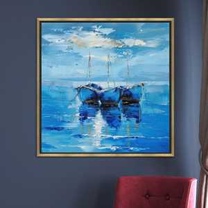 Blue Boats Seascape <b>Canvas</b> Print: Coastal Nautical Wall Art,GOLD <b>FRAMED</b> <b>CANVAS</b> - Product Image 1