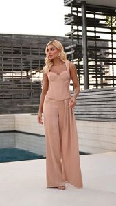 Ensemble haut bustier et pantalon large pour femme, tenue élégante chic de resort, deux pièces, rose - Product Image 3