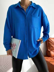 Vestido camisero de gran tamaño para mujer, Vestido camisero de manga larga azul informal de alta calidad, ropa de mujer, camisas largas - Product Image 2