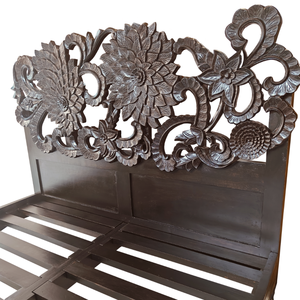 Handmade Carved Queen Size <b>Bed</b> <b>Frame</b> Solid Mango Wood Bohemian with Black Coastal Finish Sunflower Wood Slat Support <b>Bed</b> <b>Frame</b> - Product Image 5