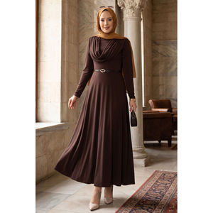 Vestido marrón de una pieza Sandy con cuello en V, cintura imperio, estampado floral, transpirable, con volantes y apliques para ocasiones diurnas - Product Image 1