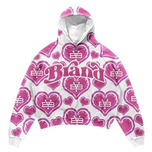 เสื้อมีฮู้ดพิมพ์ลายหัวใจโอเวอร์ไซส์ดีไซน์แบบสวมหัวลายกราฟิกสีชมพู - Product Image 6