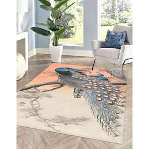 Alfombra Ohara Koson con Diseño de Pavo Real: Alfombra de Chenilla con Estampado de Árbol de Cerezo, Alfombra Estampada, Alfombra Suave con Pelo Largo - Product Image 1