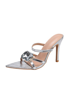 Nuevas sandalias de tacón alto con punta en pico para mujer, elegantes en color plateado con diamantes, suelas antideslizantes y tacones finos. - Product Image 6