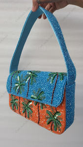 tropical palm tree beaded <b>handbag</b> Indian fully handcrafted luxury blue orange evening clutch purse <b>for</b> women party <b>wedding</b> bag - Product Image 2