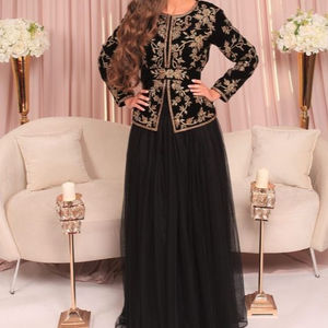 New Latest 2023 Stylized Silk <b>Jacket</b> Skirt Set Embellished Gold Crystal Beads Glass Stones Middle East Party Wear <b>Black</b> Color - Product Image 1