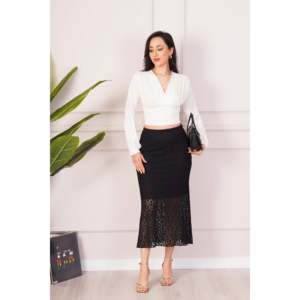 LUSTIN Women's Elegant Black Midi <b>Skirt</b> with <b>Elastic</b> Waistband, Delicate Lace Detail, and Comfortable Lining for Casual or - Product Image 3