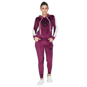 Logo personnalisé sur les bandes latérales de velours femme velours femmes jogging survêtement ensembles rouge mehroon vevlvet sweat à capuche avec pantalon en velours - Product Image 5