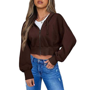 OEM ODM Custom Zip up Relaxed Fit Cotton Polyester Fleece <b>Cropped</b> Gym Fitness Full Zip up Puff Print Hoodies for women - Product Image 1