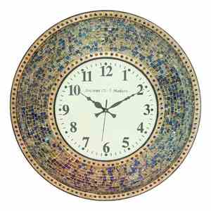 Grande horloge murale mosaïque en combinaison multicolore bleu et beige Luxe suspendu rétro engrenage bois silencieux grand bronze numérique - Product Image 3