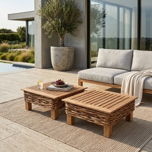 Natural Teak Wood Slatted Coffee <b>Table</b> Chunky Woven Rattan Base Square Low Patio <b>Table</b> Setup Decor Pure Art Room Design - Product Image 4