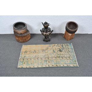 Alfombra de lana turca Vintage de 1,9x3,5 pies, tejido plano de retazos beige y azul para decoración de sala de estar con respaldo de látex - Product Image 3