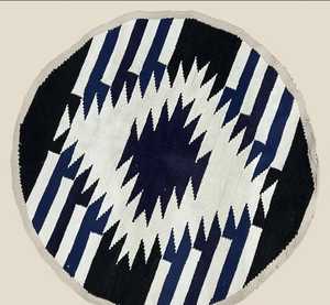 Handwoven Round Kilim <b>Rug</b> <b>Black</b> White & Navy Blue Geometric Starburst Flatweave Circle Carpet - Product Image 2