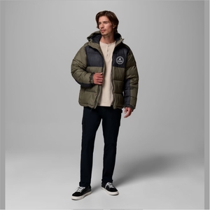 Men's High Quality <b>Denim</b> Puffer <b>Jacket</b> Vintage Style Hooded Collar Front Embroidered Logo Solid Pattern Winter Closure Zipper - Product Image 2