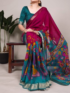 Designer Polyester Viscose Chanderi Avec Floral Imprimé Et Zari Tissage Travail Saree Femme Mode À Pas Cher Rtae - Product Image 2