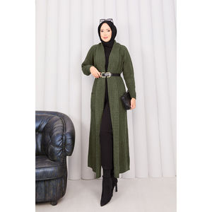 Cardigan en tricot à col châle tressé kaki pour femmes - Product Image 3