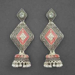 Kriaa Fine Dangle Earrings Silver Plated Stone and <b>Red</b> Meenakari Matte Dangler Model 1312054B - Product Image 1