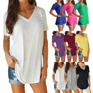 Camiseta Personalizable con Cuello en V para Mujer, Manga Corta Holgada, Colores Personalizados, Talla Grande, Top Informal de Verano, Tejido de Punto, Spandex/Algodón - Product Image 6