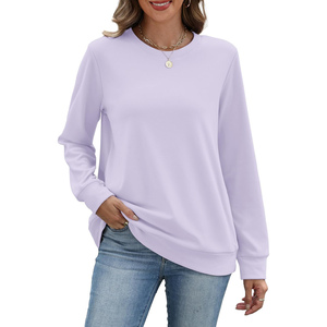 Sudaderas Lila con Cuello Redondo para Mujer, Tops de Manga Larga Lisos y Modernos con Bolsillos - Product Image 1