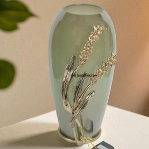Modern Antique Aluminum Metal Round Shape Color Fully With <b>Glass</b> Leafy Looking Decorative <b>Flower</b> <b>Vase</b> - Product Image 1
