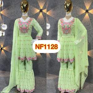 ชุดผ้าจอร์เจียปักลาย3ชิ้นจากอินเดียนักออกแบบชาติพันธุ์ชุดชาราราราเย็บปะติดแบบปากีสถานสำหรับโอกาสพิเศษ - Product Image 3