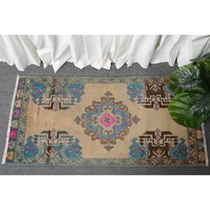 Alfombra grande de lana azul beige bohemio de 1,8x3,7 pies hecha a mano diseño turco clásico látex Rectangular Patchwork para habitación de pasillo - Product Image 1