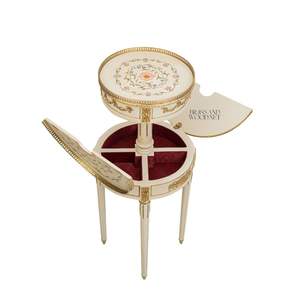 Mesa Auxiliar Redonda Blanca de Lujo de 2 Niveles con Arte Floral Pintado a Mano, Detalles en Latón Dorado y Compartimentos de Almacenamiento Forrados en Terciopelo - Product Image 6