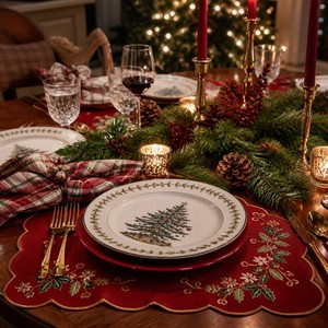 Christmas Placemat Red Embroidered Linen <b>Table</b> <b>Mat</b> Scalloped Edge Holiday <b>Table</b> Decoration for Christmas <b>Dinner</b> Party - Product Image 3