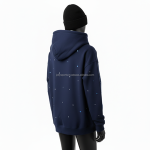 Women Premium Heavy Fleece <b>Hoodie</b> 350 GSM Soft Cotton Blend <b>Navy</b> <b>Blue</b> Rhinestone Logo Custom Design women's basics Hoodies - Product Image 5