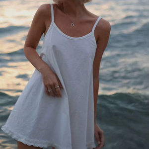 Minivestido blanco de tirantes finos, estilo casual, para verano, playa, bohemio, liso, natural, lavable, 100% algodón orgánico, ODM - Product Image 1