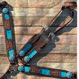 Ensemble de têtière et de collier de poitrail en cuir de vache 100% fait main de haute qualité avec sangle de avecer, fabricant - Product Image 1