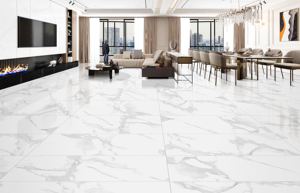 Azulejos de cerámica Statuario Premium de gran formato 600x1200 con efecto mármol blanco para paredes de edificios comerciales y proyectos hoteleros. - Product Image 4