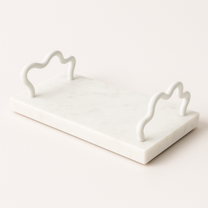 Bandeja rectangular de mármol blanco con asas de metal blanco ondulado, bandeja de tocador de diseño moderno para cocina, baño, decoración de mesa de centro - Product Image 1