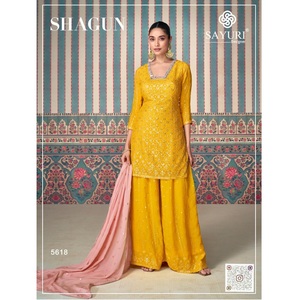 Elegant Women's <b>Three</b>-Piece Bollywood Style Outfit Embroidered Kurta Set with Kurta Palazzo Pants Festive Casual Styling - Product Image 1