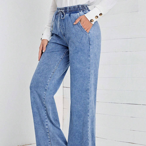 2025 pantalones vaqueros de cintura alta con cordones para mujer, pantalones vaqueros rectos de pierna ancha Vintage para mujer, tela de calidad - Product Image 2