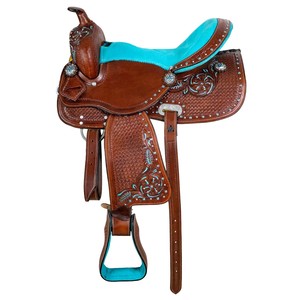 High Demand Designer Barrel Racing <b>Leather</b> Western Saddle Turquoise <b>Tooled</b> and Lightweight Exclusively From India - Product Image 2