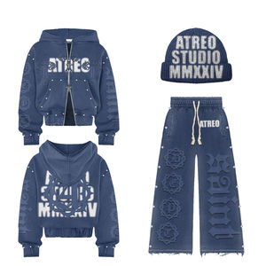 Unisex Custom Streetwear Set French Terry Cropped <b>Hoodie</b> & Sweatpants Acid Wash Distressed Rhinestone Design - Product Image 1